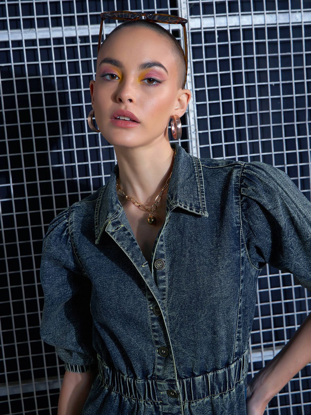 SASSAFRAS Blue Puff Sleeve Denim A-Line Dress