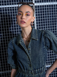 SASSAFRAS Blue Puff Sleeve Denim A-Line Dress