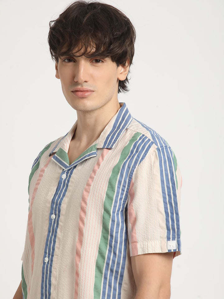 THE BEAR HOUSE Vertical Striped Cuban Collar Pure Cotton Casual Shirt
