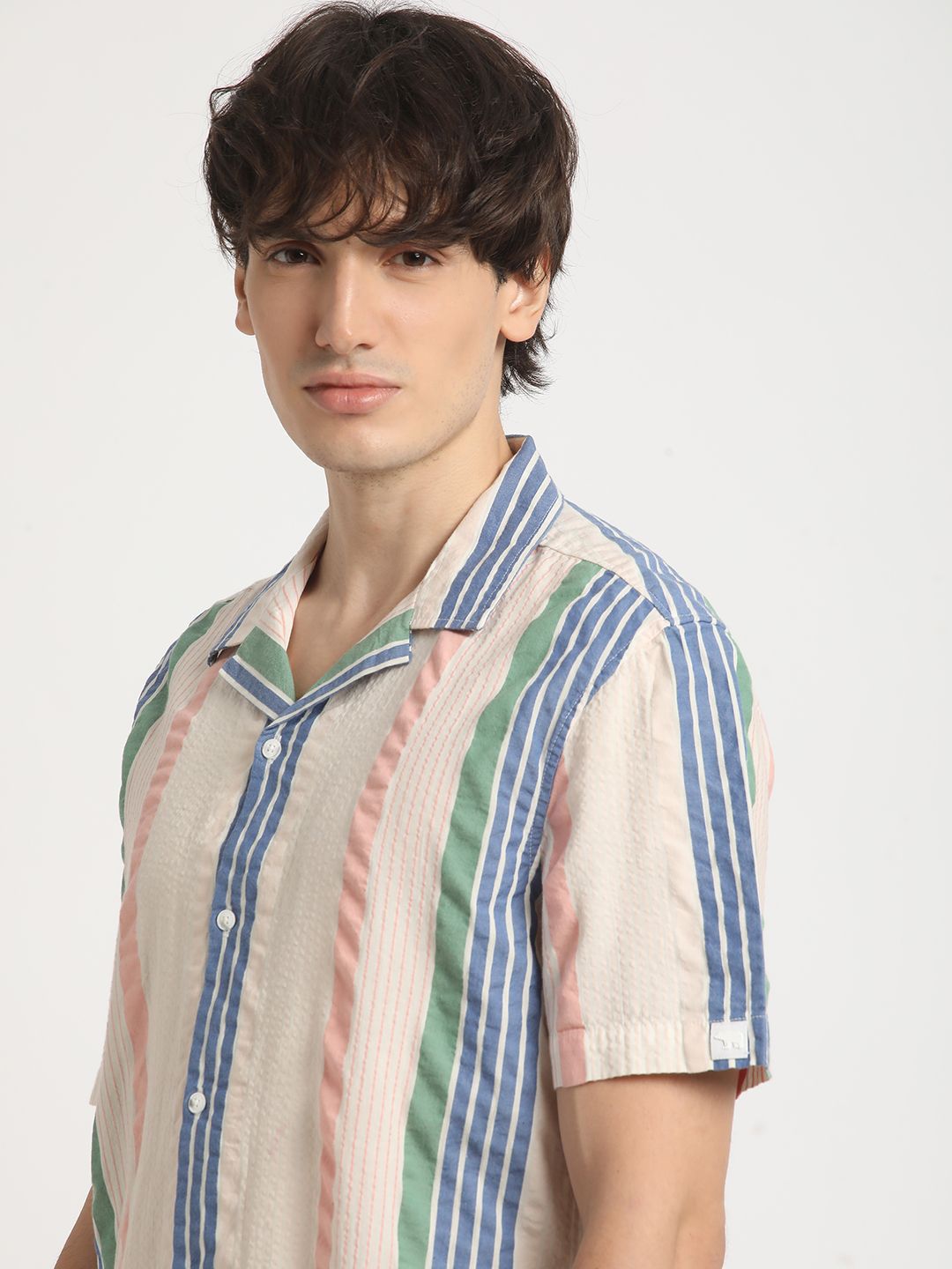 THE BEAR HOUSE Vertical Striped Cuban Collar Pure Cotton Casual Shirt