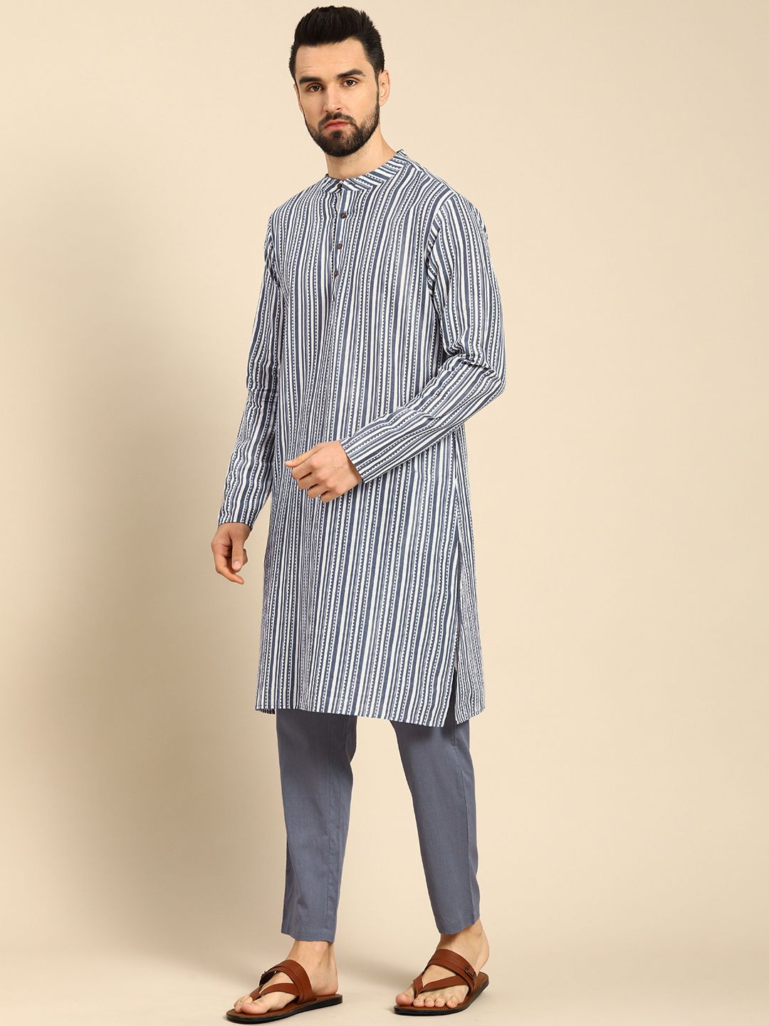Anouk Men White Printed Pure Cotton Kurta with Trousers