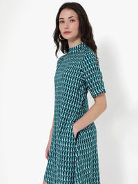 Rareism High Neck Printed Cotton A-Line Dress