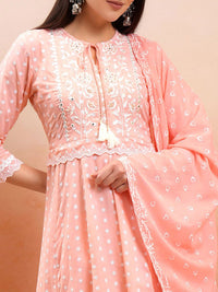 Vishudh Peach Embroidered Mirror Work Pure Cotton Anarkali Kurta With Trousers & Dupatta