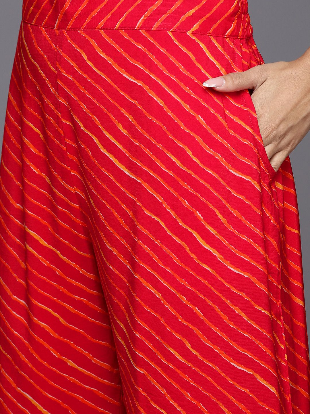 Libas Bandhani Printed Pleated Mirror Work Kurta with Trousers & Dupatta