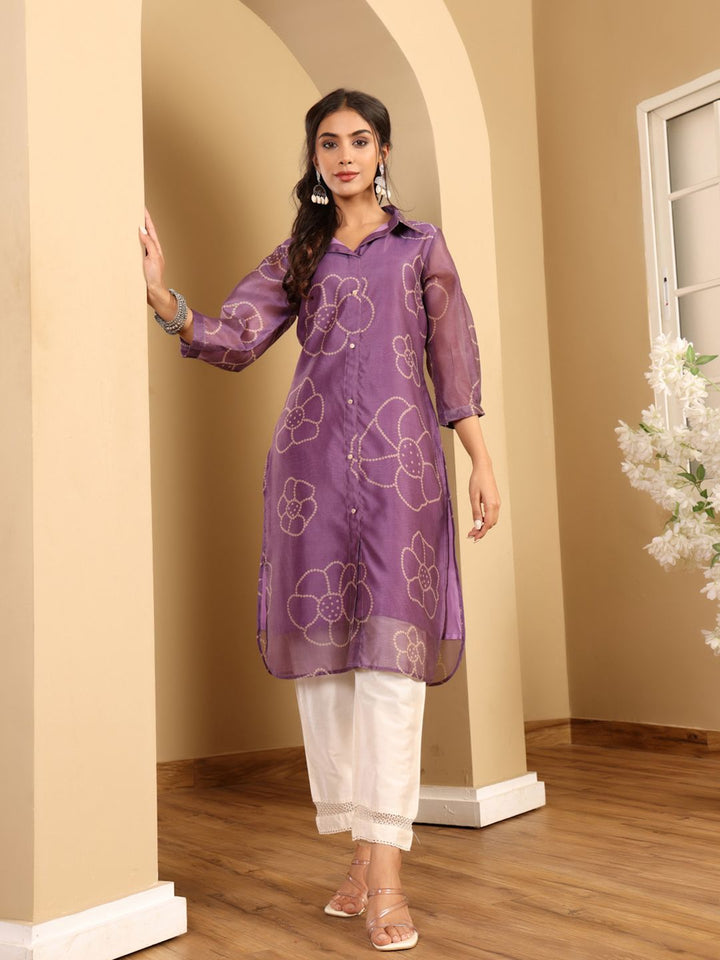 Varanga Floral Printed Cuff Sleeves Shirt Collar Chanderi Silk Straight Kurta