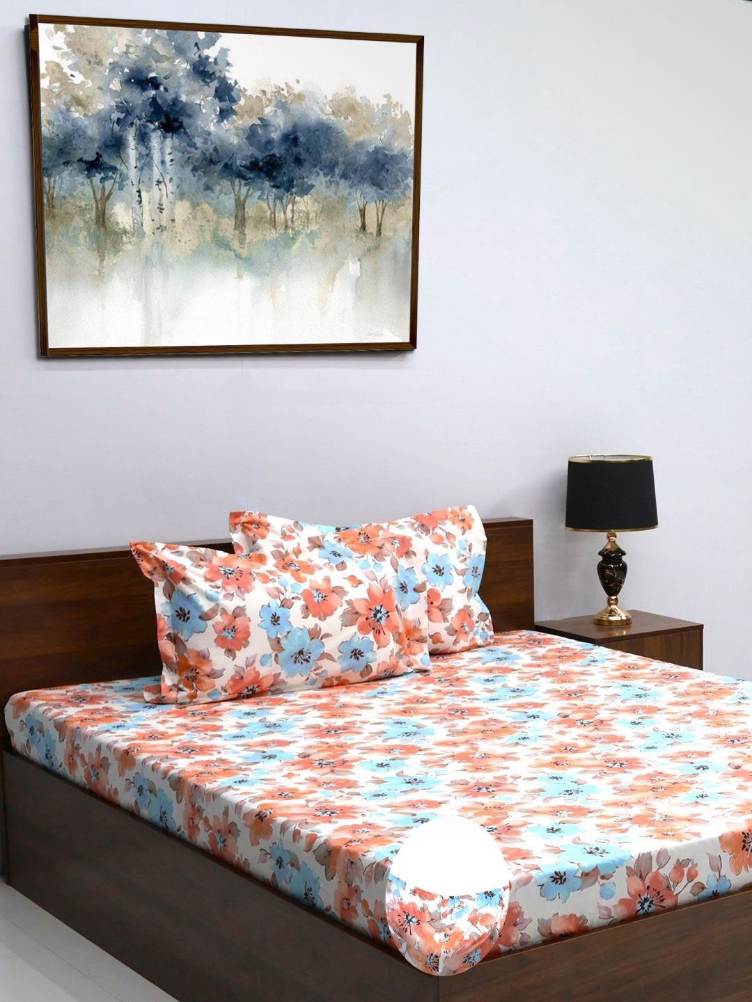 BOMBAY DYEING Allure Orange & White Printed 144 TC Pure Cotton Fitted Queen Bedsheet Set
