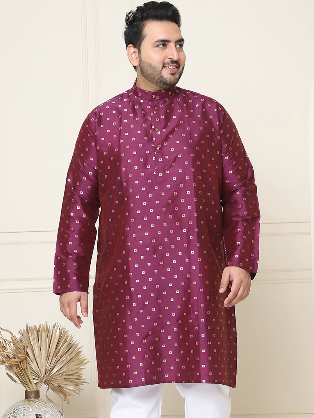 SOJANYA PLUS Men Plus Size Burgundy & Golden Geometric Jacquard Kurta