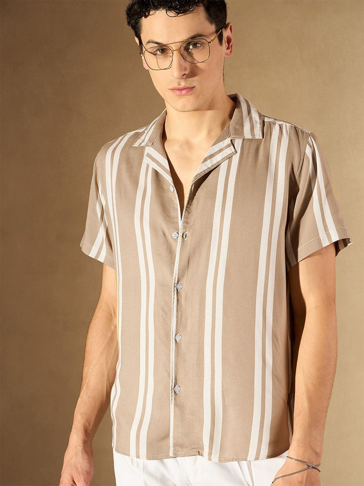 DENNISON Vertical Striped Printed Cuban Collar Smart Casual Shirt