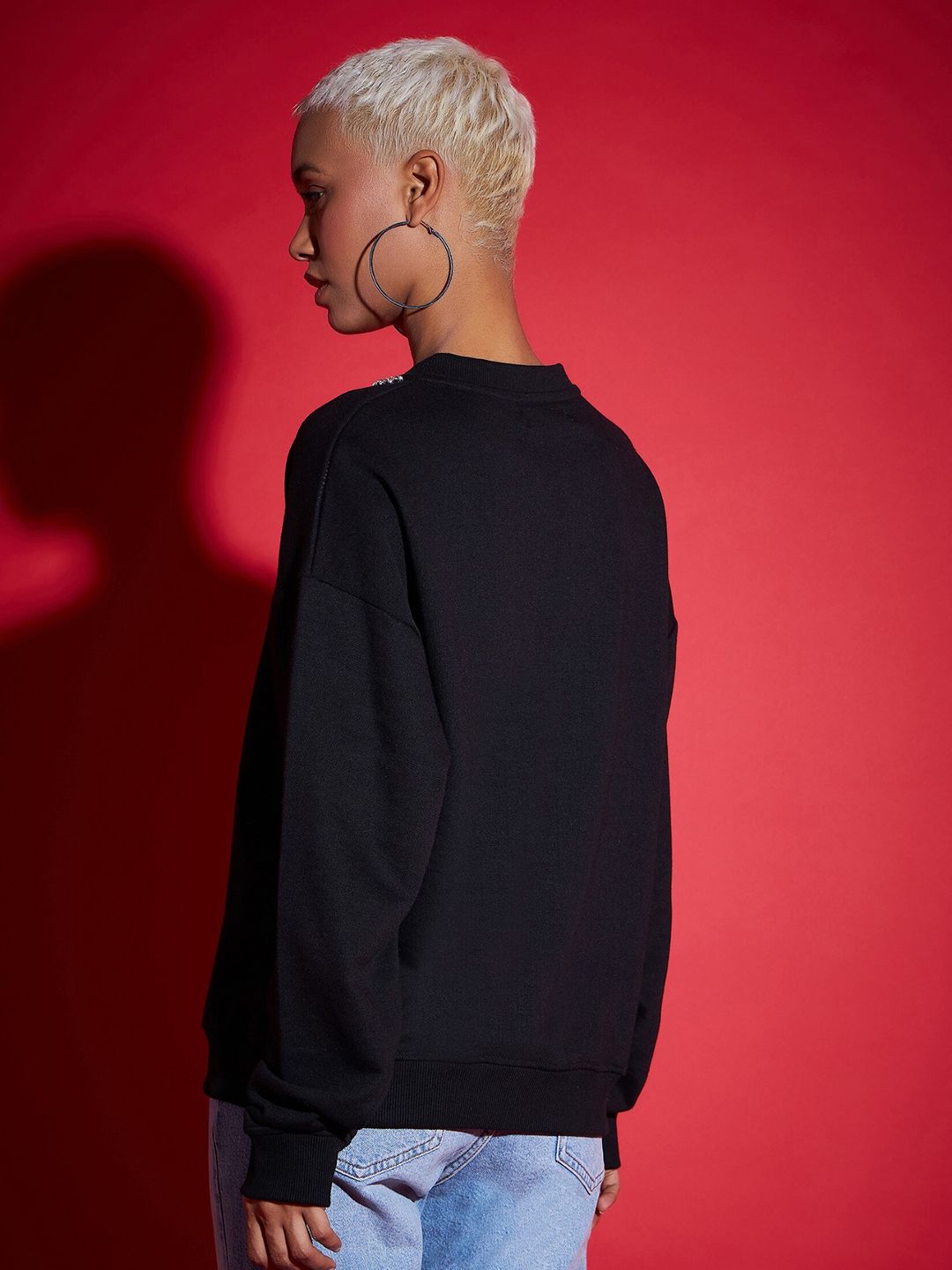 SASSAFRAS Black Floral Embellished Round Neck Cotton Pullover Sweatshirt