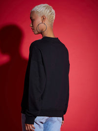 SASSAFRAS Black Floral Embellished Round Neck Cotton Pullover Sweatshirt