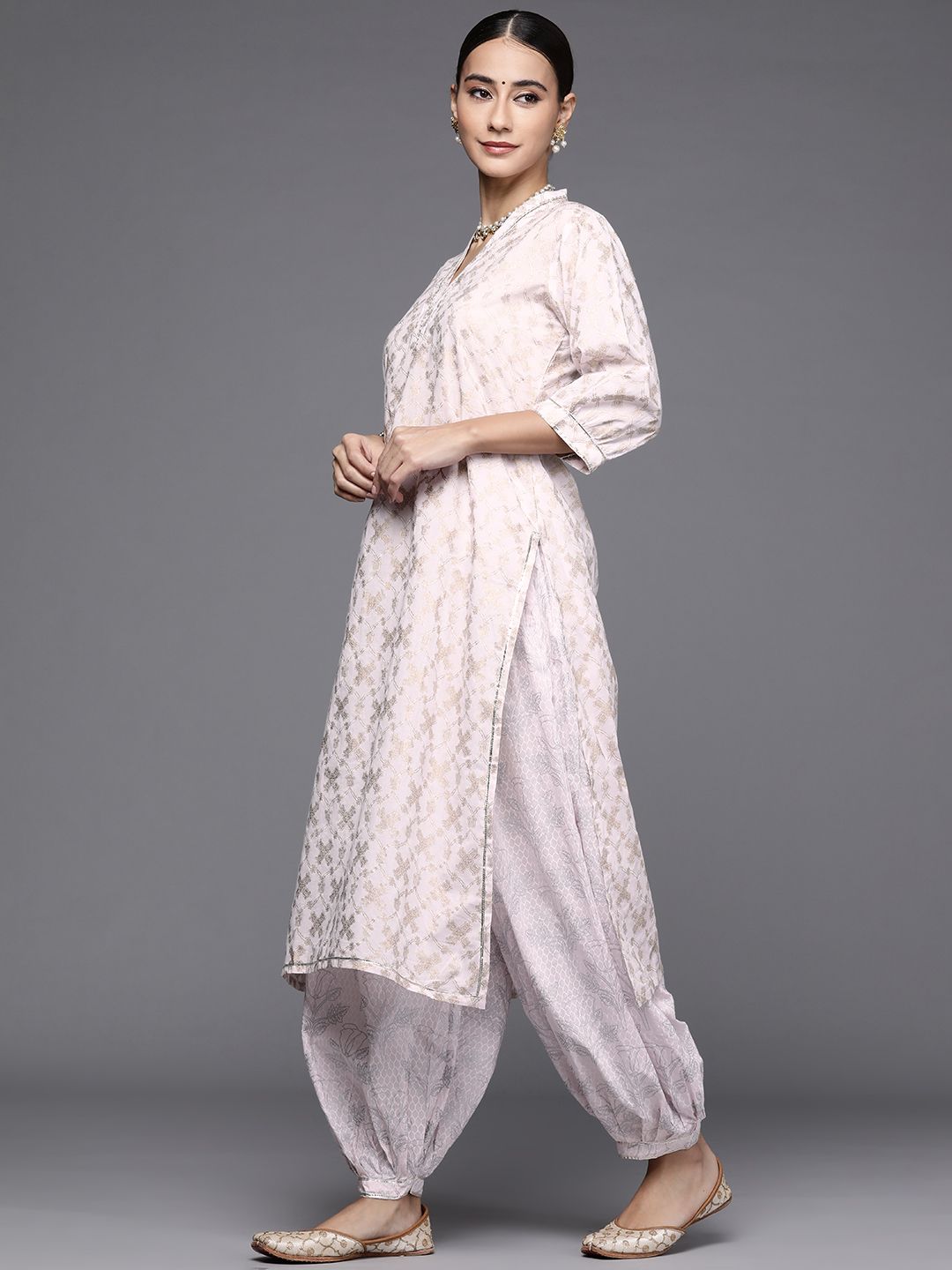 Libas Women Pink & Gold-Toned Ethnic Printed Pure Cotton Kurta with Salwar & With Dupatta