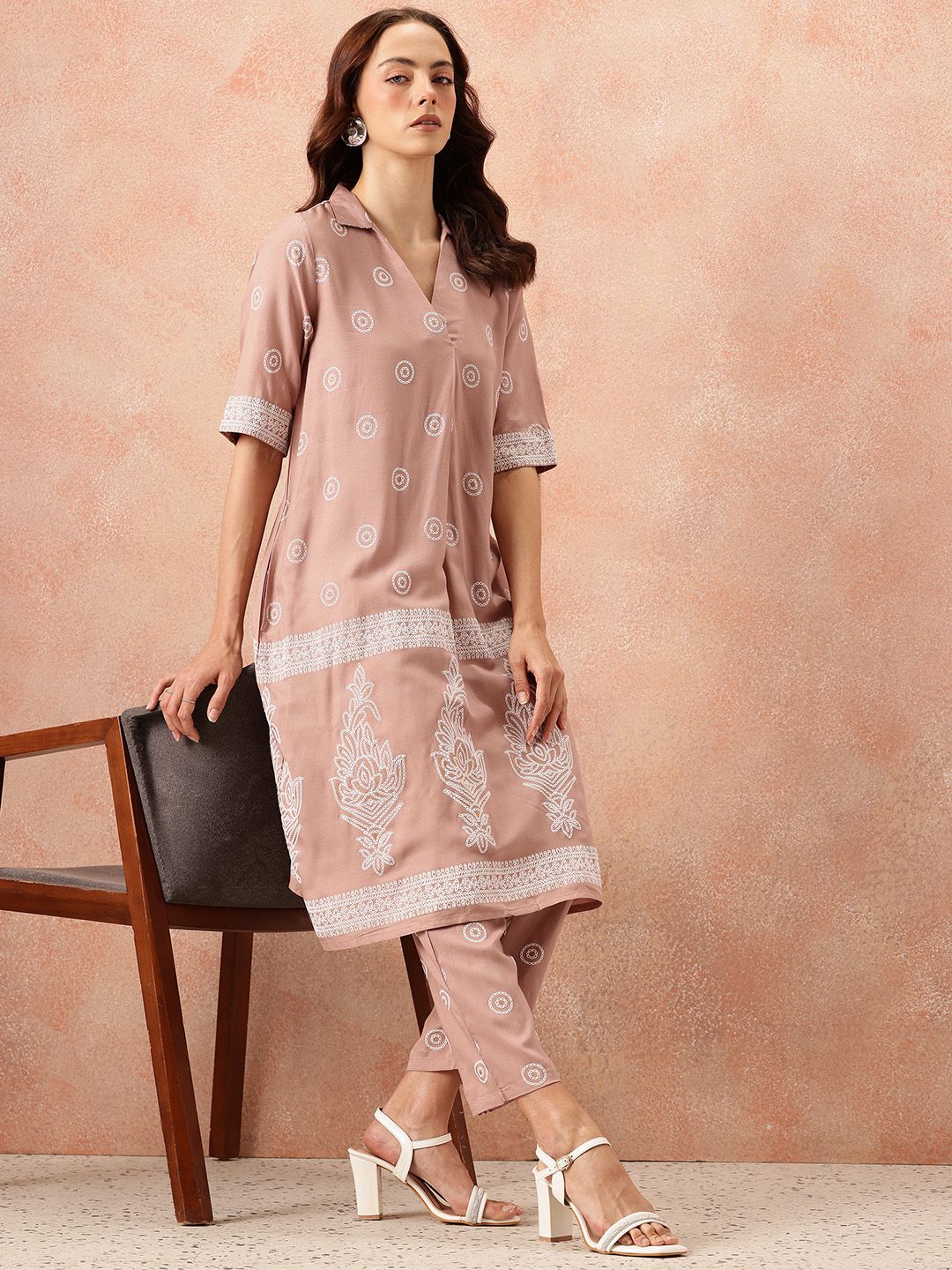 all about you Ethnic Motifs Printed Shirt Collar A-Line Kurta with Trousers