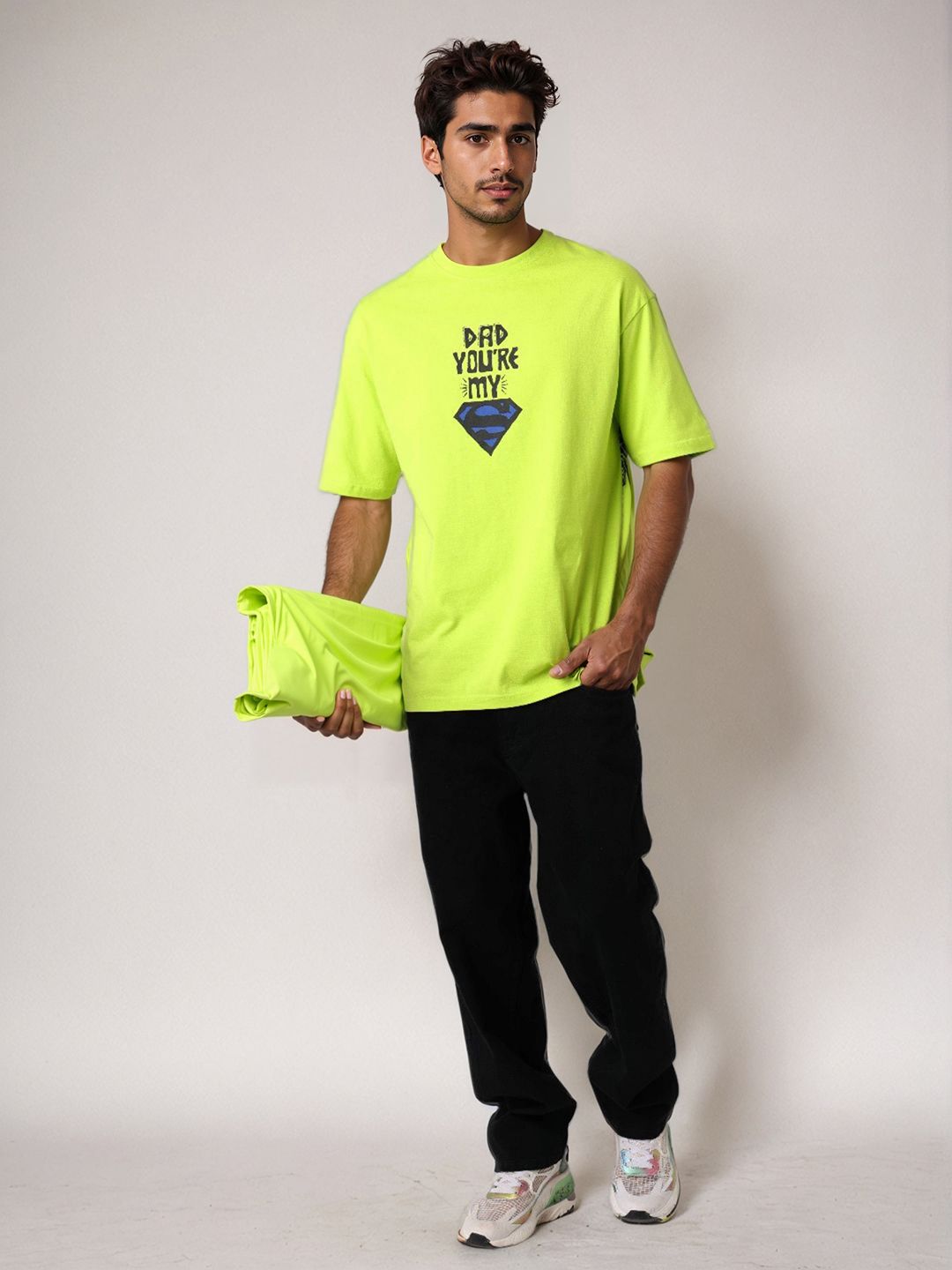 The Indian Garage Co Men Superman Typography Printed Round Neck Pure Cotton Boxy T-shirt