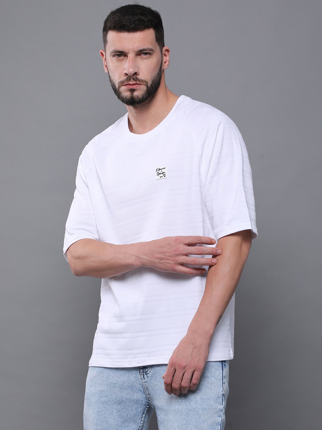 Difference of Opinion Men Solid Popcorn Structure Oversized Raglan T-Shirt