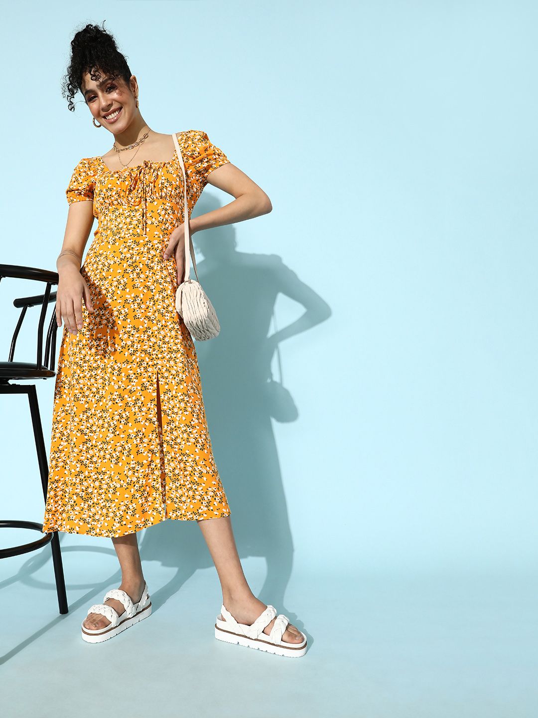 STREET 9 Women Stylish Mustard Floral Empire Dress