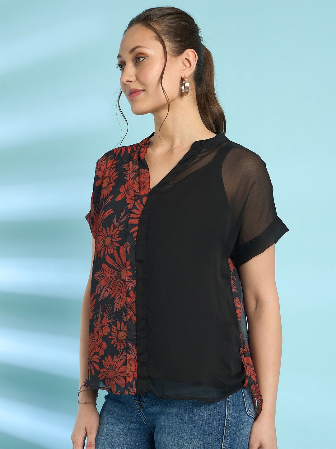 Antheaa Floral Print Mandarin Collar Chiffon Shirt Style Top
