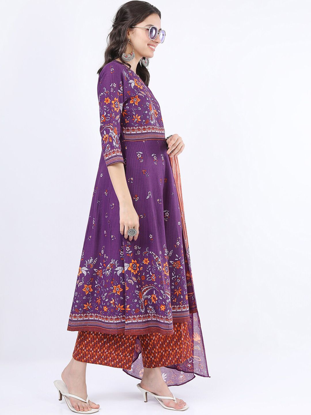 Vishudh Women Purple Ethnic Motifs Printed Panelled Pure Cotton Kurta with Palazzos & With Dupatta