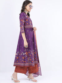 Vishudh Women Purple Ethnic Motifs Printed Panelled Pure Cotton Kurta with Palazzos & With Dupatta