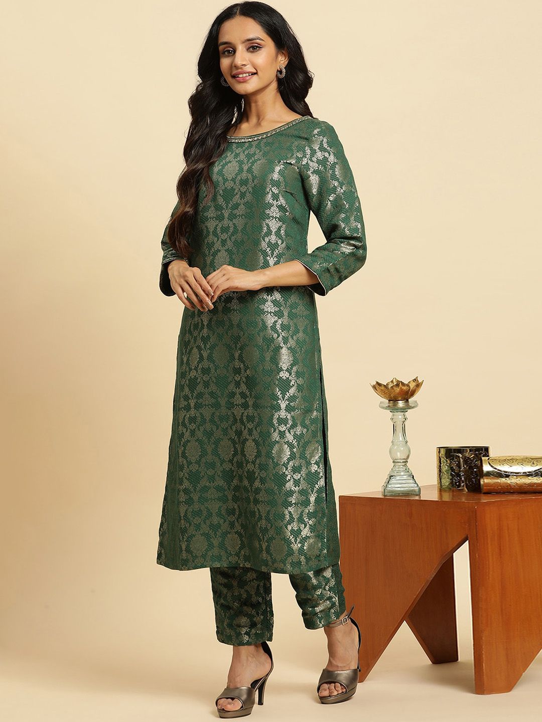W Women Floral Woven Designed Straight Kurta