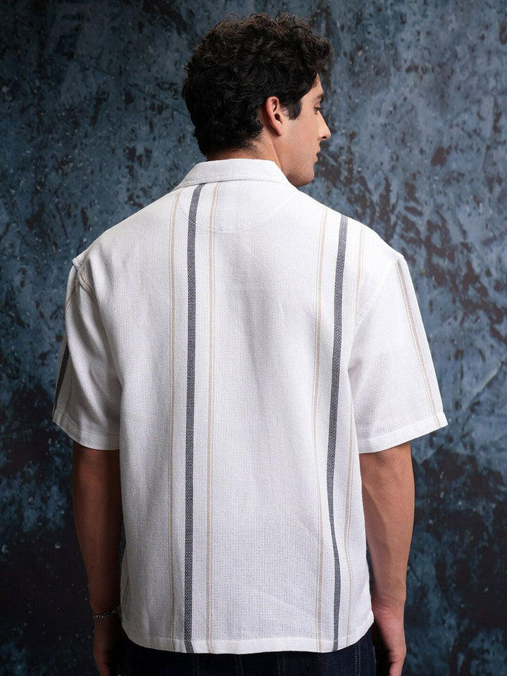 Locomotive Men White Mock Lino Dobby Textured Striper Camp Collar Oversized Shirt
