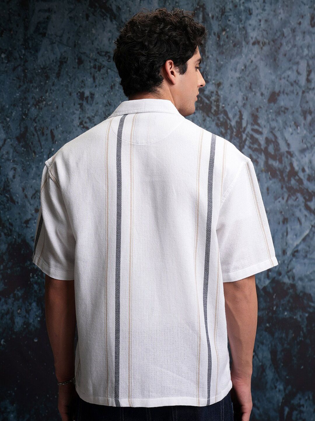 Locomotive Men White Mock Lino Dobby Textured Striper Camp Collar Oversized Shirt