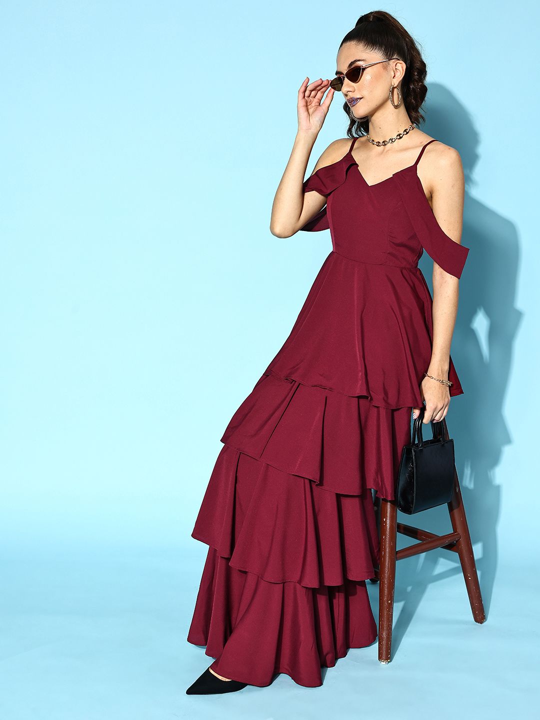 Berrylush Women Maroon Solid Feminine Frills Dress
