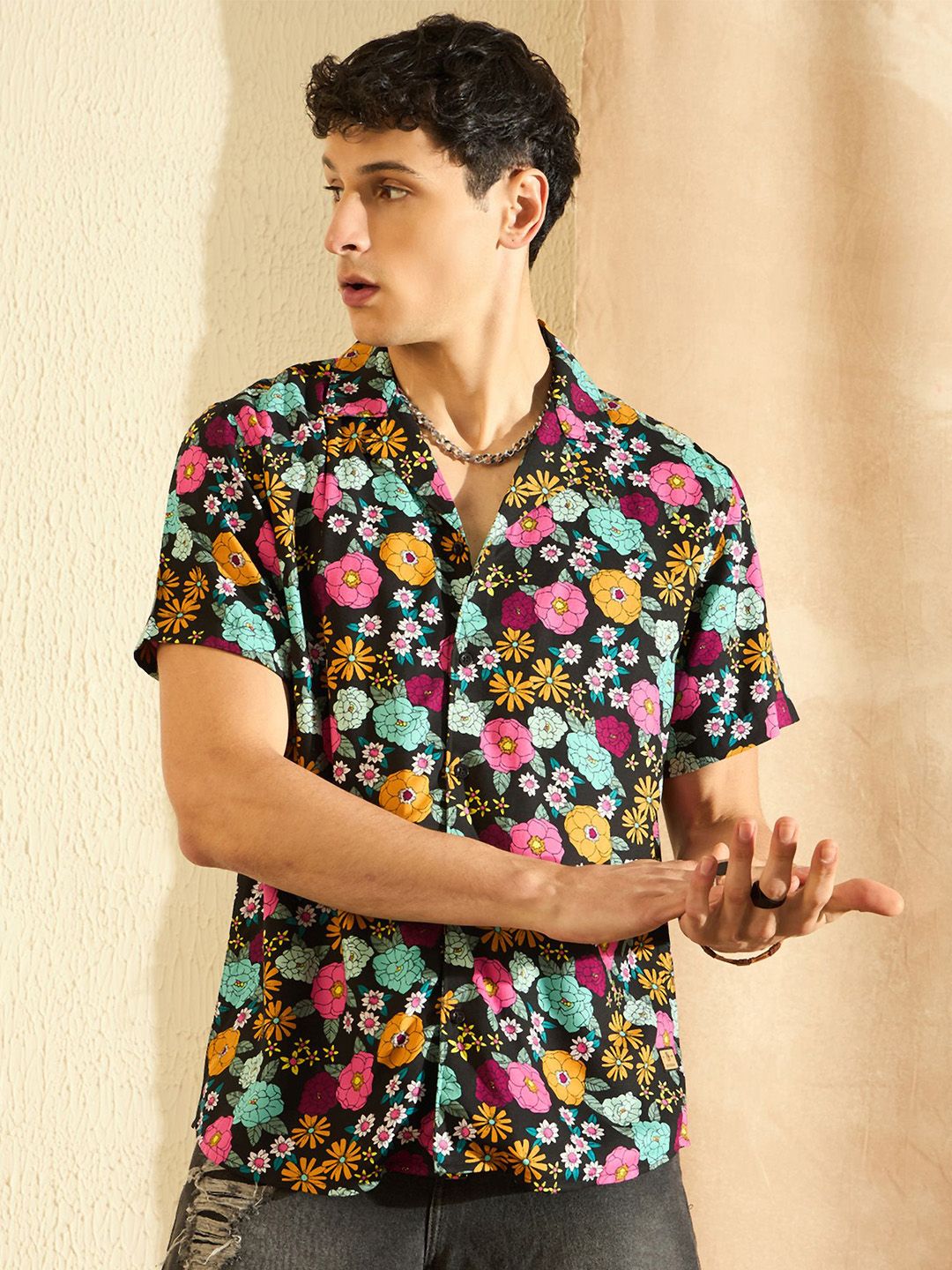 DENNISON Smart Oversized Floral Printed Cuban Collar Casual Shirt