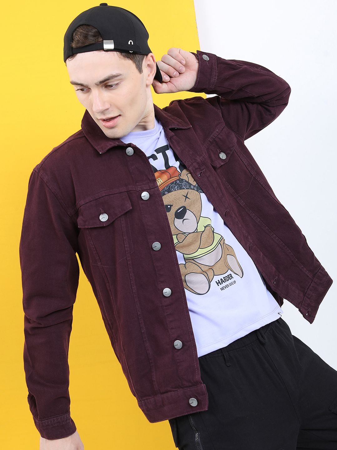 Highlander Men Jaket Denim Pepejal Ungu