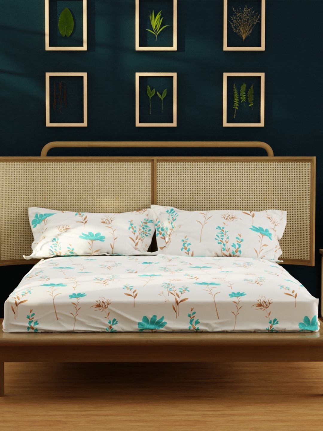URBAN SPACE Turquoise Blue Printed 200 TC Cotton Single Bedsheet with 1 Pillow Cover