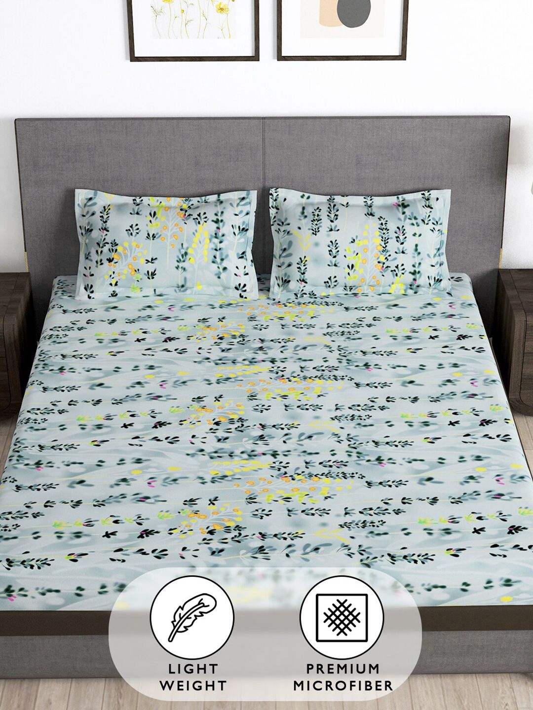 Story@home Grey & Black Floral 180 TC Queen Bedsheet with 2 Pillow Covers