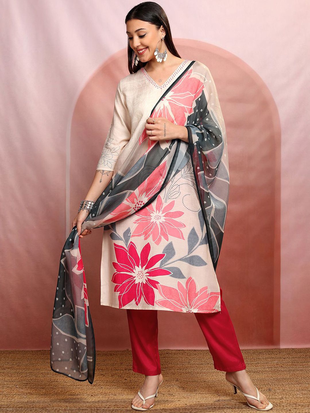 Vishudh Floral Printed Pure Cotton Straight Kurta & Trousers With Dupatta