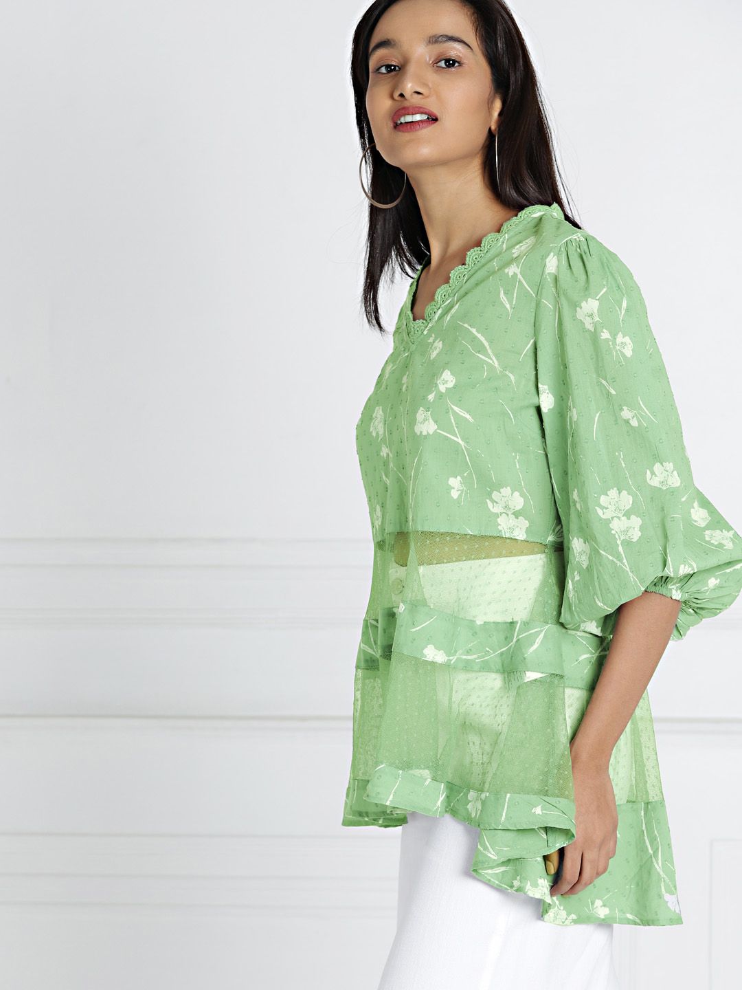 all about you Women Green & White Printed Semi Sheer High-Low Top