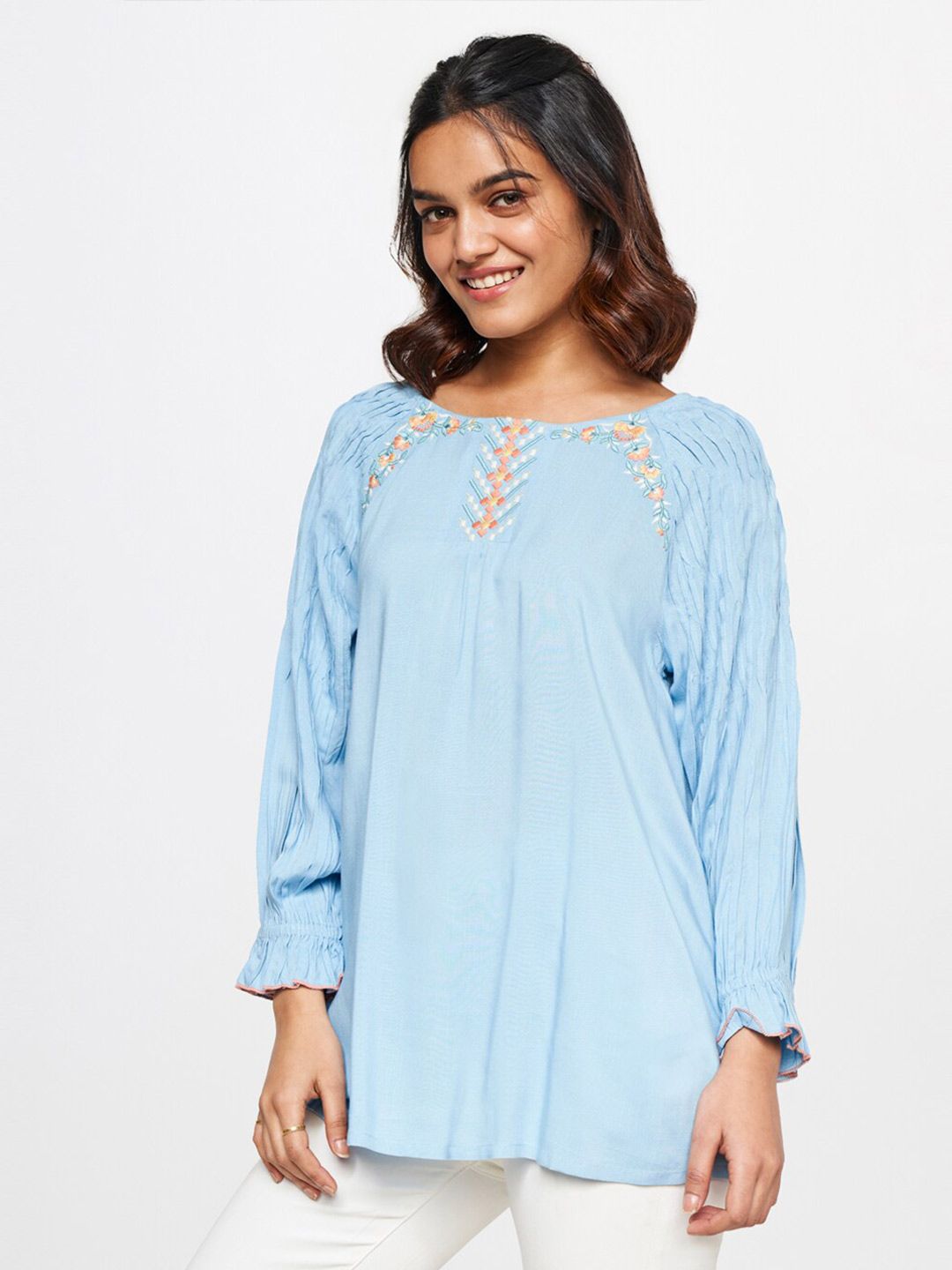 Global Desi Floral Printed Raglan Sleeves Pleated Top