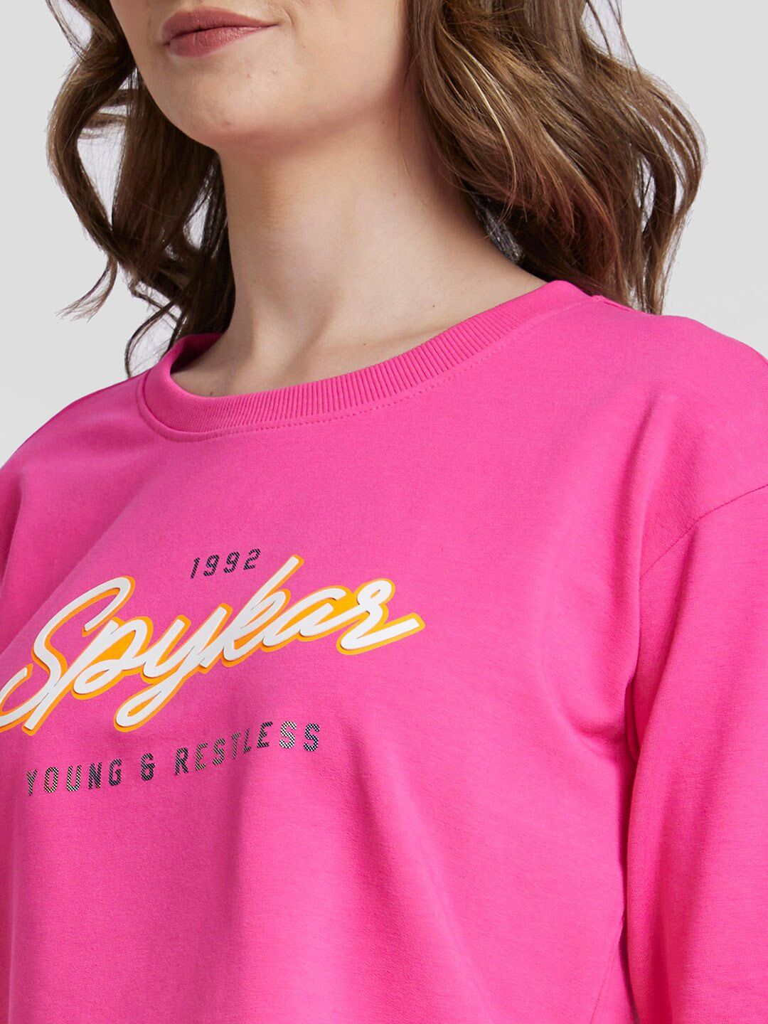 SPYKAR Boxy Fit Round Neck Typography Printed Crop Cotton Pullover Sweatshirt