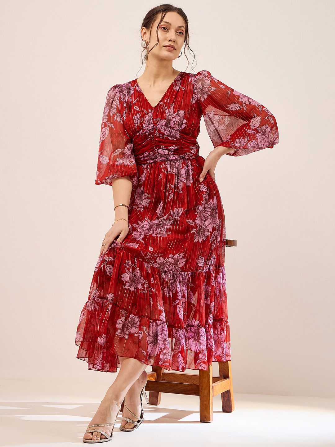 Antheaa Red Floral Printed Puff Sleeves Gathered Tiered Fit & Flare Midi Dress