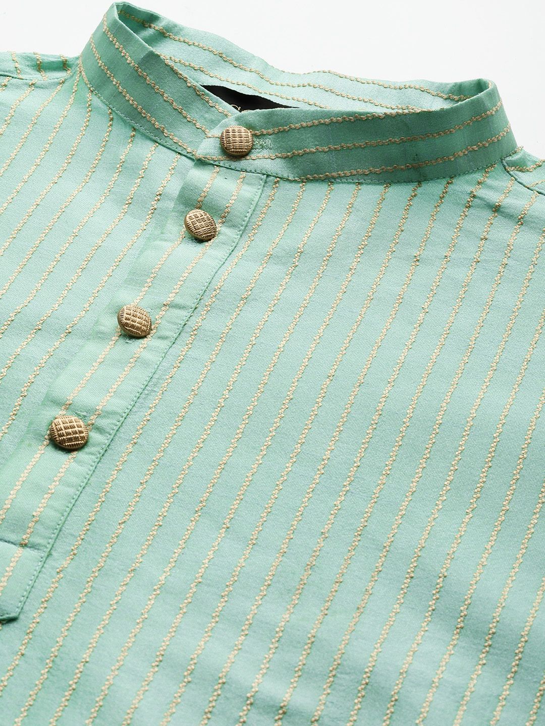 SOJANYA Lelaki Benang Hijau Laut & Beige Berjalur Bekerja Lurus Kurta Churidar & Jaket Nehru