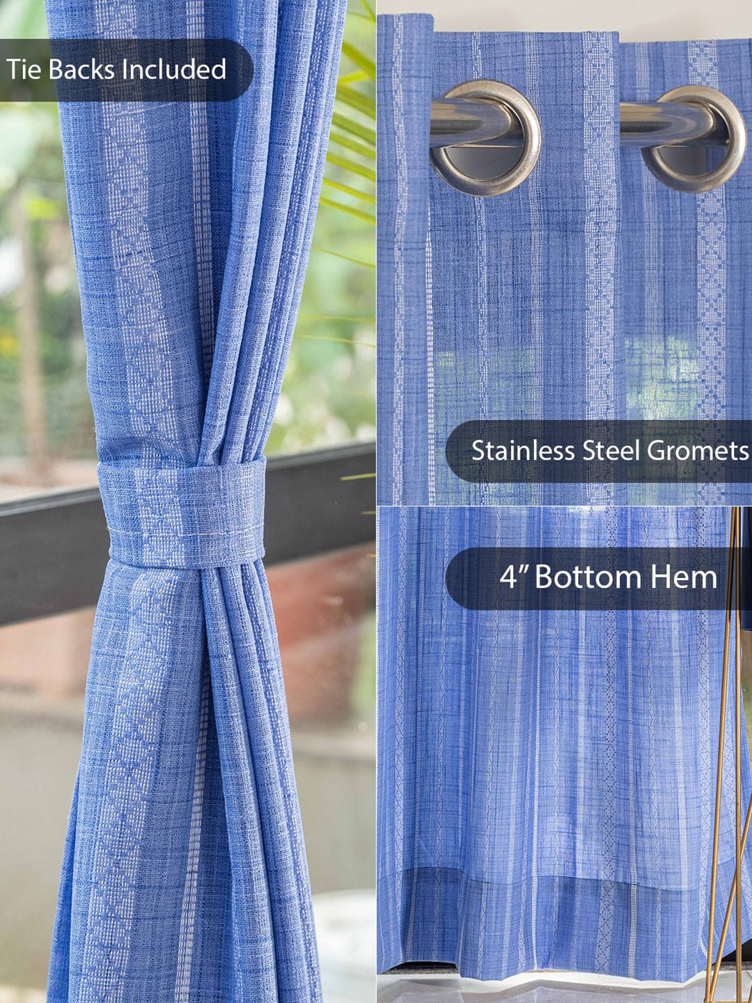 URBAN SPACE Blue & White 2 Pieces Striped Sheer Window Curtain