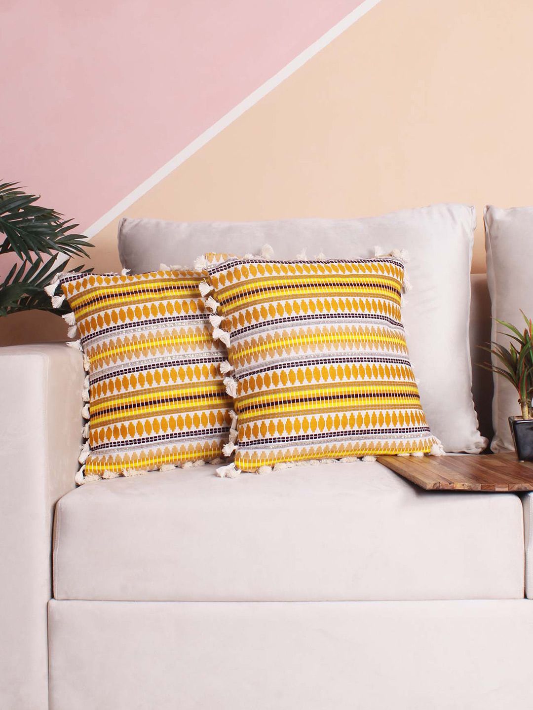 STITCHNEST Yellow & White Ethnic Motifs Velvet Square Cushion Cover