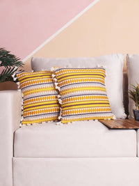 STITCHNEST Yellow & White Ethnic Motifs Velvet Square Cushion Cover