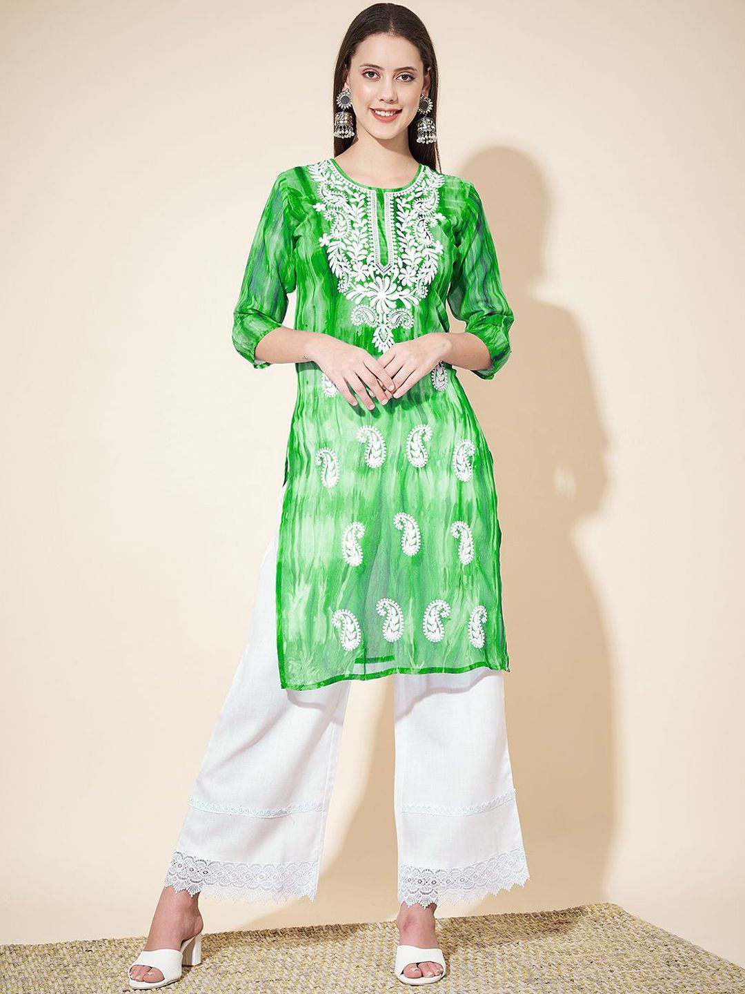 KALINI Paisley Embroidered Chikankari Georgette Straight Kurta