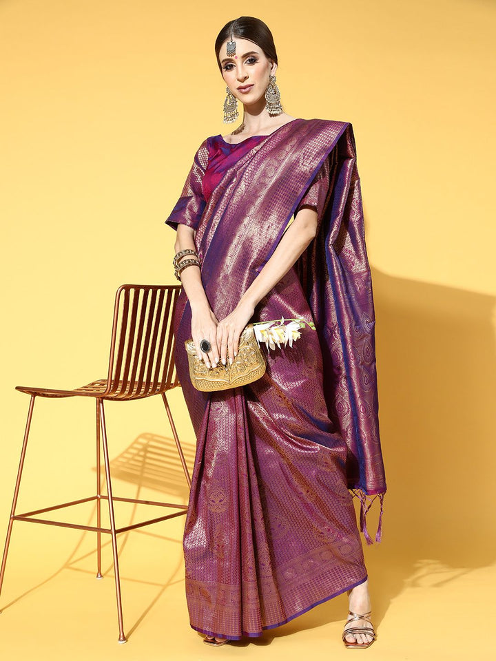 Saree mall Purple Floral Zari Silk Blend Banarasi Sarees