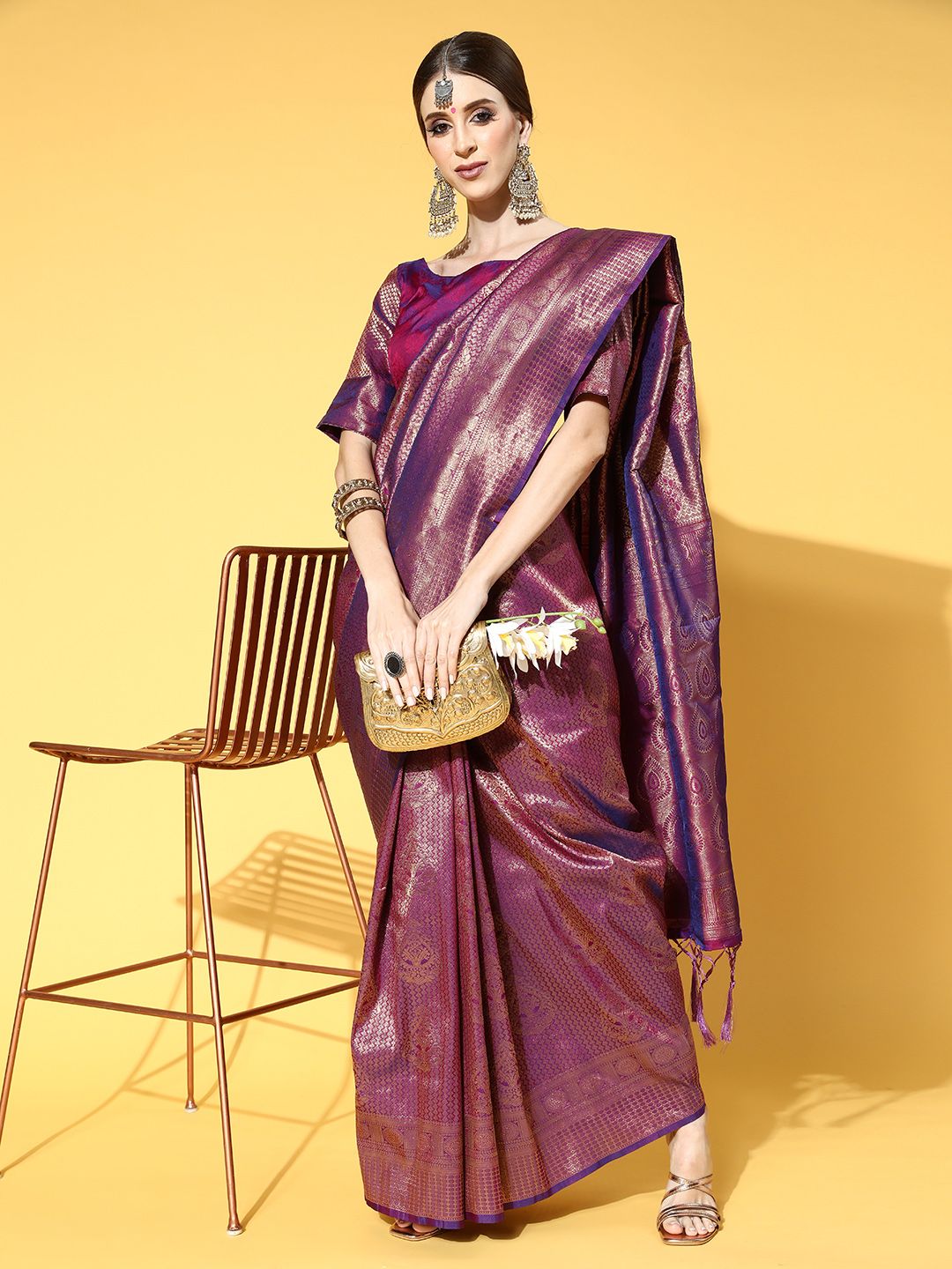 Saree mall Purple Floral Zari Silk Blend Banarasi Sarees