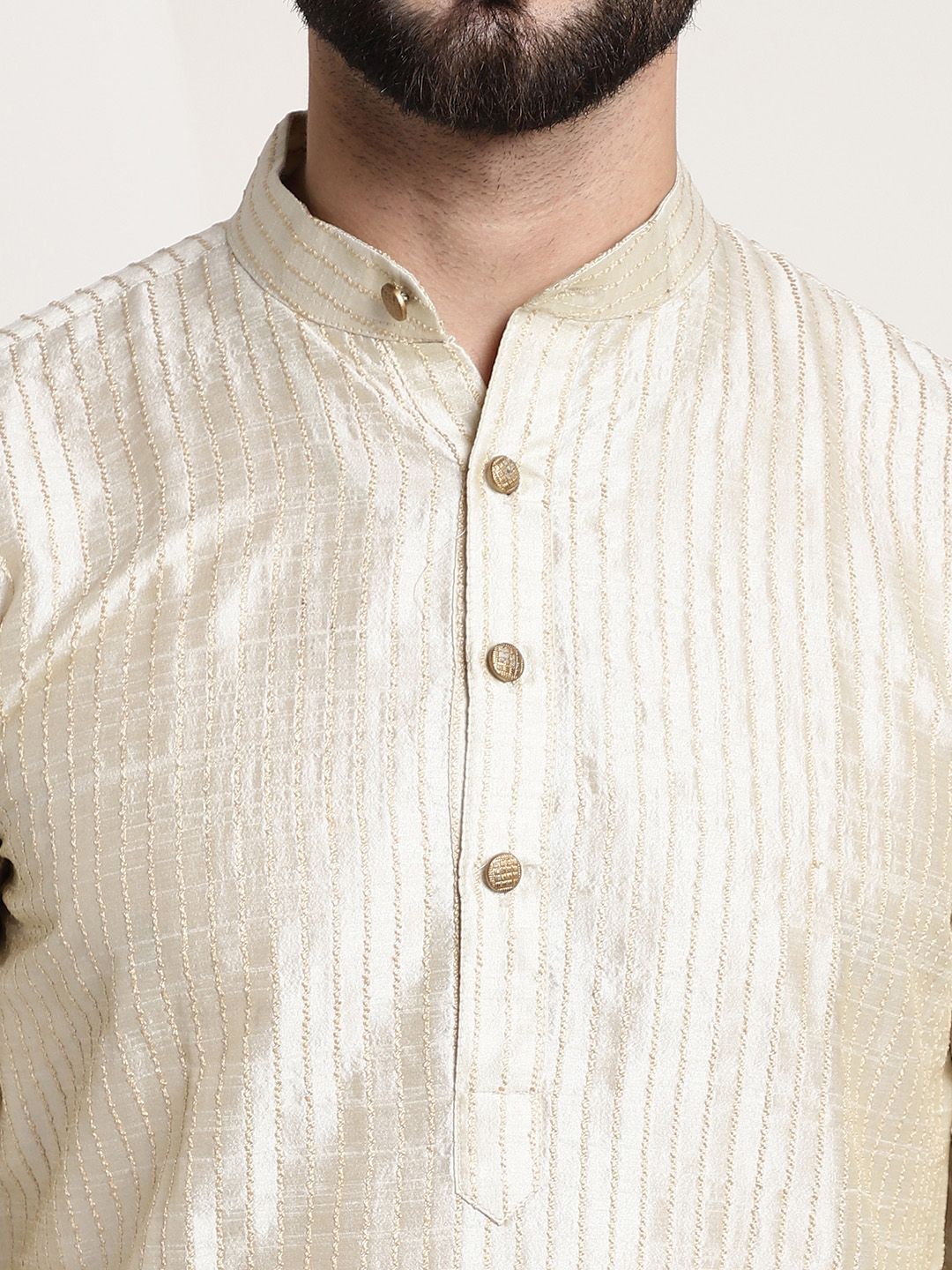SOJANYA Men Off White & Golden Striped Straight Kurta