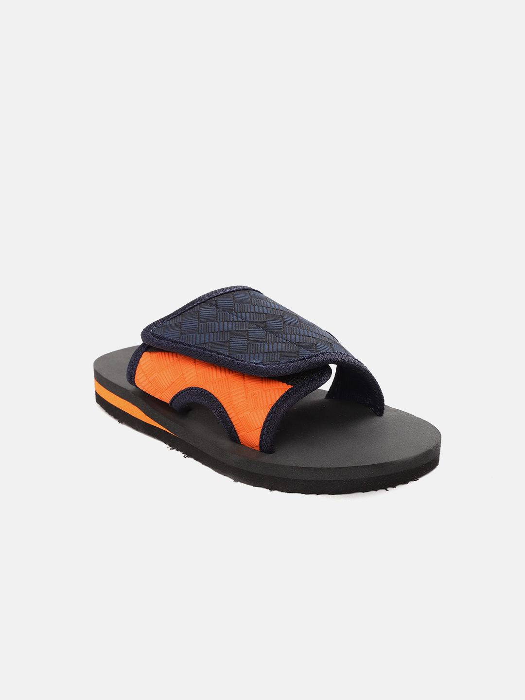 YK Boys Navy Blue & Orange Chevron Textured Sliders with Cut-Out Detail
