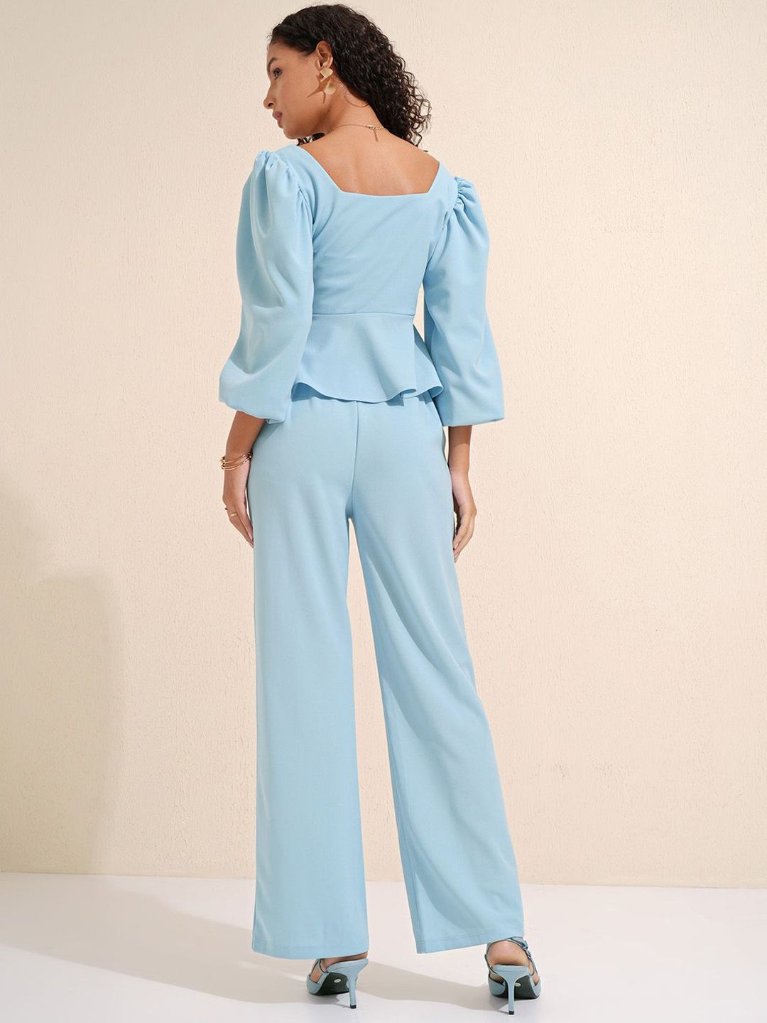 CHIC BY TOKYO TALKIES Blue Square Neck Puff Sleeves Peplum Top With Trousers