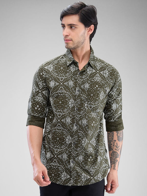 SPYKAR Pure Cotton Slim Fit Abstract Opaque Printed Casual Shirt