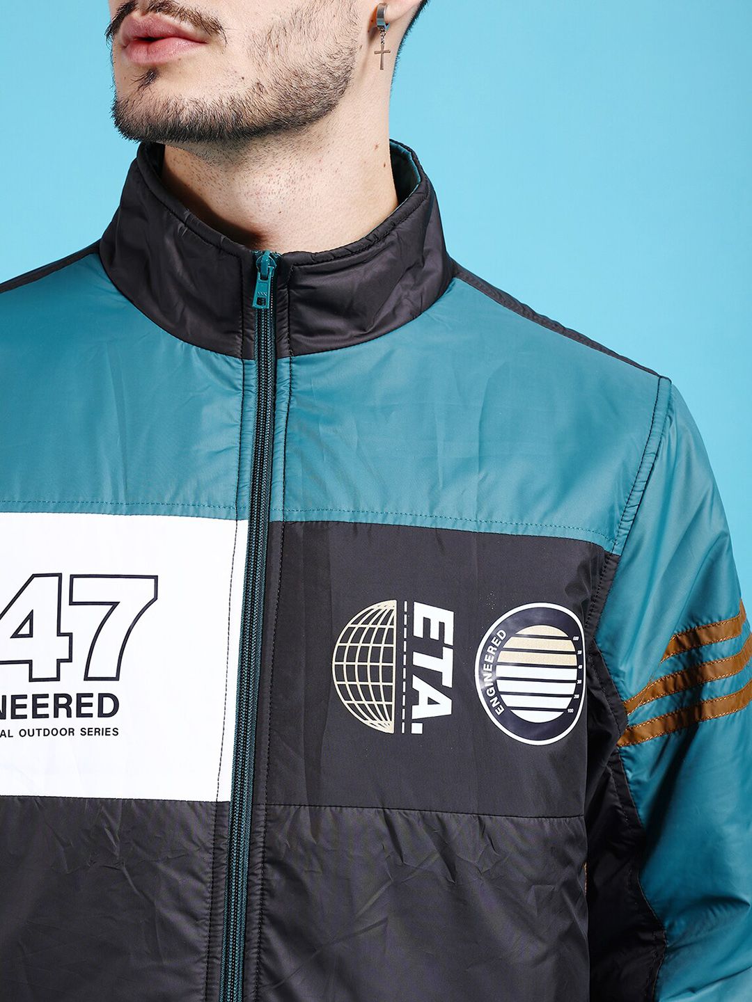 The Indian Garage Co Men Black Longline Outdoor Bomber with Patchwork Jacket