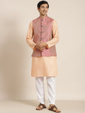 SOJANYA Men Peach-Coloured Chikankari Pure Cotton Kurta with Churidar & Nehru Jacket