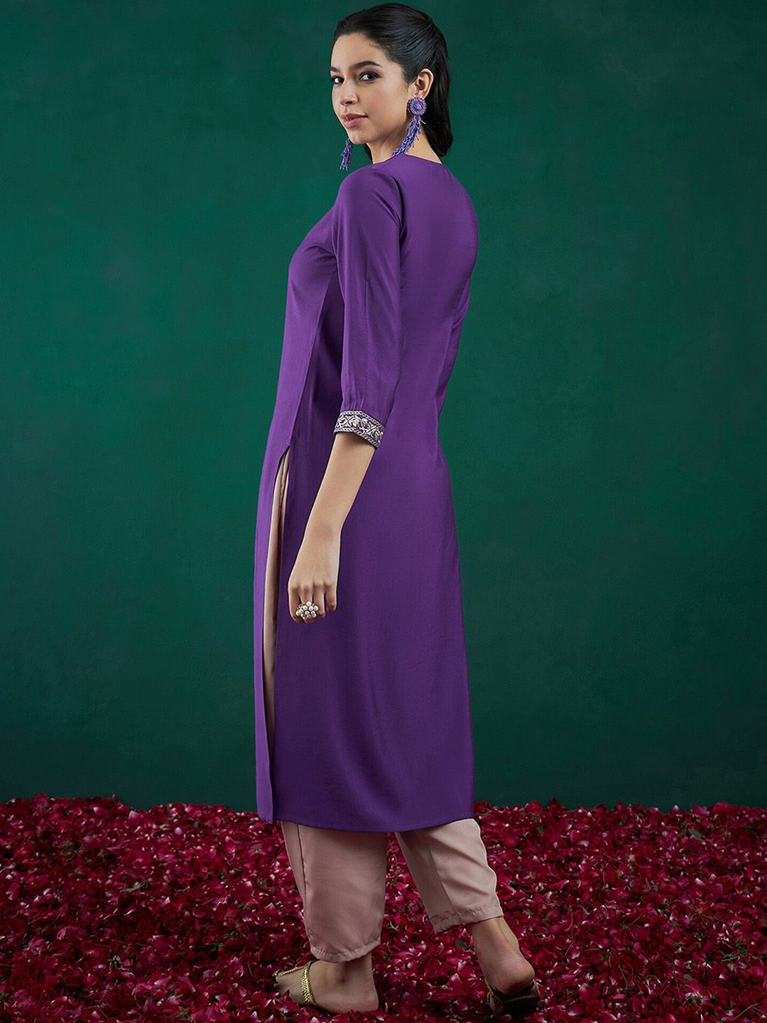 Indo Era Purple Ethnic Motifs Yoke Design Thread Work Chanderi Silk Straight Kurta