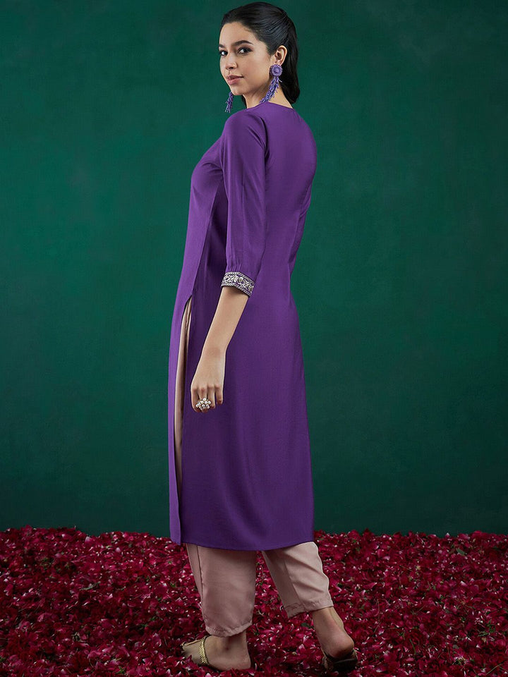 Indo Era Purple Ethnic Motifs Yoke Design Thread Work Chanderi Silk Straight Kurta